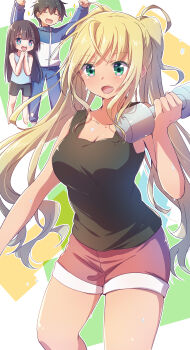 1boy 2girls absurdres black_hair black_shorts black_tank_top blonde_hair blue_jacket blue_tank_top breasts cleavage closed_eyes collarbone cowboy_shot dumbbell dumbbell_nan_kilo_moteru? green_eyes hand_up highres holding holding_dumbbell jacket large_breasts long_hair machio_naruzou multicolored_jacket multiple_girls nyaa_(nnekoron) open_mouth pants purple_eyes red_shorts sakura_hibiki short_hair short_shorts shorts smile solo_focus souryuuin_akemi standing sweat tank_top track_jacket track_pants track_suit two-tone_jacket white_jacket