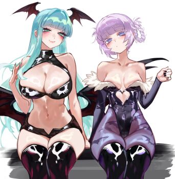 2girls absurdres animal_print aqua_hair bare_shoulders bat_print bat_wings black_leotard black_shorts black_thighhighs blue_eyes blunt_bangs blush braid braided_hair_rings breasts cleavage cleavage_cutout closed_mouth clothing_cutout collarbone commentary cosplay costume_switch crop_top crossover cutout_above_navel darkstalkers demon_girl demon_wings female_focus foolish_potato fur-trimmed_leotard fur_trim green_eyes green_hair hair_intakes hair_rings head_wings heart_cutout highleg highleg_leotard highres large_breasts leotard long_hair looking_at_viewer low_wings medium_breasts micro_shorts morrigan_aensland morrigan_aensland_(cosplay) multiple_girls nanakusa_nazuna_(yofukashi_no_uta) nanakusa_nazuna_(yofukashi_no_uta)_(cosplay) navel off-shoulder_leotard pantyhose print_pantyhose purple_hair purple_pantyhose ringed_eyes shiny_clothes shiny_skin short_shorts shorts simple_background sitting skindentation sleeveless sleeveless_turtleneck smile thighhighs thighs trait_connection turtleneck vampire white_background wings yofukashi_no_uta