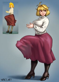 1girl :3 :p antenna_hair arcueid_brunestud black_pantyhose black_shoes blonde_hair blunt_bangs breasts bulge commentary covered_penis erection erection_under_clothes figure_(medium) full_body futanari high_heels highres large_breasts long_skirt looking_to_the_side medium_hair own_hands_together pantyhose photo_(medium) red_eyes reference_inset shadow shoes signature simple_background skirt solo sweater tongue tongue_out tsukihime turtleneck turtleneck_sweater waly_art white_sweater