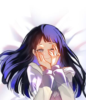 1girl absurdres blue_hair eyelashes highres hyuuga_hinata jacket long_hair lying naruto_(series) naruto_shippuuden on_back on_be one_eye_closed purple_jacket smile solo upper_body white_eyes zimo_on