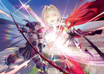 1boy 2girls ahoge blonde_hair blue_hair bodypaint bracer breasts cancer_(zjcconan) cape cu_chulainn_(fate) cu_chulainn_alter_(fate) facepaint fate/grand_order fate_(series) fighting fur-trimmed_cape fur_trim gae_bolg_(fate) green_eyes hair_over_one_eye holding holding_microphone holding_polearm holding_sword holding_weapon large_breasts laurel_crown legband loincloth long_hair microphone multiple_girls muscular muscular_male nero_claudius_(fate) nero_claudius_(fate/extra) oda_nobunaga_(fate) oda_nobunaga_(maou_avenger)_(fate) official_art open_mouth pants polearm ponytail promotional_art red_cape red_eyes red_hair second-party_source shirt smile spear spikes sword tattoo topless_male very_long_hair weapon