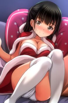 1girl absurdres black_hair blush breasts brown_eyes capelet cleavage commentary_request dress fur-trimmed_capelet fur-trimmed_dress fur_trim highres knees_up large_breasts looking_at_viewer matsunaga_kouyou original panties red_capelet red_dress santa_costume santa_dress sitting smile solo thighhighs underwear white_panties white_thighhighs