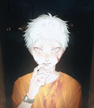 Rule 34 | 1boy, artist name, blood, blood on clothes, blood on face, commentary, english commentary, finger to mouth, highres, hikaru ga shinda natsu, indou hikaru, kimchi15922858, looking at viewer, male focus, orange shirt, red pupils, shirt, short eyebrows, short hair, solo, upper body, watch, white hair, wristwatch