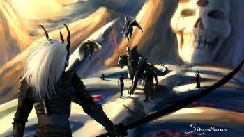 Rule 34 | 1boy, 6+others, absurdres, animal, armor, black tunic, breastplate, character request, cracked skull, floating, giant, highres, holding, holding sword, holding weapon, horns, mask, mountainous horizon, multiple heads, multiple others, oversized object, ribs, sayg15000, shadow slave, short hair, shoulder armor, skeleton, sunny (shadow slave), sword, tunic, weapon, white hair, wide shot, wings