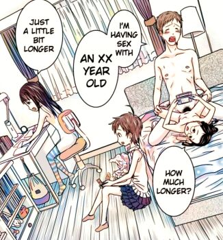 1boy 3girls age_difference bed blush clothed_female_nude_female clothed_female_nude_male coonelius emotionless_sex english_text glasses ignoring indoors invisible invisible_man leg_grab loli loli_harem multiple_girls loli multitasking nude pastel_colors public_indecency public_use rape restrained room roomscape sex skirt thighhighs translated undressing vaginal