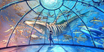 1girl animal animal_request animal_skeleton backless_dress backless_outfit bare_arms bare_shoulders barefoot black_hair commentary dress english_commentary fish from_behind hand_up highres ocean original short_hair sleeveless sleeveless_dress solo standing turtle water watermark web_address whale white_dress wide_shot yuumei