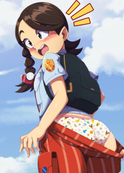 1girl ahoge arms_at_sides ass assisted_exposure backpack bag blush braid brown_eyes brown_hair clothes_pull cubone day dewott eevee embarrassed emphasis_lines euf-dreamer eyelashes farfetch&#039;d female_focus flat_chest from_behind froslass gen_1_pokemon gen_3_pokemon gen_4_pokemon gen_5_pokemon hair_ornament highres juliana_(pokemon) legendary_pokemon legs long_hair looking_to_the_side matching_hair/eyes mew_(pokemon) mythical_pokemon naranja_academy_school_uniform nintendo no_headwear open_mouth outdoors panties pikachu piplup pokemon pokemon_sv print_panties school_uniform shoes short_sleeves shorts shorts_pull side_braid sky sneakers socks surprised torchic turning_head underwear white_panties white_socks