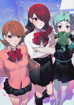 3girls aqua_hair brown_eyes brown_hair cardigan gapamopa grey_eyes hair_over_one_eye highres kirijou_mitsuru long_sleeves multiple_girls pantyhose persona persona_3 pink_cardigan red_eyes red_hair skirt takeba_yukari white_pantyhose yamagishi_fuuka
