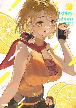 1girl absurdres ada_wong artist_name ashley_graham belt belt_buckle blonde_hair blush breasts brown_belt buckle character_doll character_name commentary_request doll food fruit highres holding holding_doll jack_krauser korean_commentary large_breasts lemon lemon_slice leon_s._kennedy looking_at_viewer loose_belt mochimochi_mascot red_scarf resident_evil resident_evil_4 scarf shirt short_hair singrairiedog sleeveless sleeveless_shirt smile solo teeth yellow_eyes