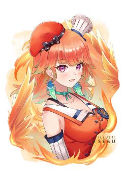 1girl blush bow bow_choker breasts chef_hat choker detached_sleeves earrings feather_earrings feathers gradient_hair green_choker green_hair hat hololive hololive_english jewelry large_breasts long_hair looking_at_viewer mini_chef_hat multicolored_hair multiple_hats open_mouth orange_hair orange_hat purple_eyes sebu_illust smile solo takanashi_kiara takanashi_kiara_(1st_costume) virtual_youtuber