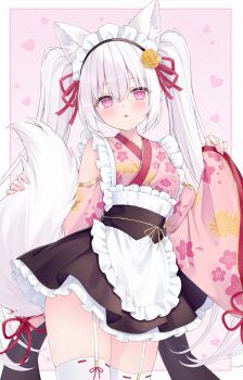 1girl absurdres animal_ear_fluff animal_ears apron blush border commentary_request commission cowboy_shot flower fox_ears fox_girl fox_tail frilled_apron frills garter_straps hair_between_eyes hair_flower hair_ornament hair_ribbon hand_up heart highres inari_hinano indie_virtual_youtuber japanese_clothes kimono long_hair long_sleeves looking_at_viewer maid_headdress open_mouth outside_border pink_background pink_eyes pink_kimono red_ribbon ribbon ribbon-trimmed_thighhighs ribbon_trim rose shano_hiyori sidelocks skeb_commission solo tail thighhighs twintails virtual_youtuber white_apron white_border white_hair white_thighhighs wide_sleeves yellow_flower yellow_rose