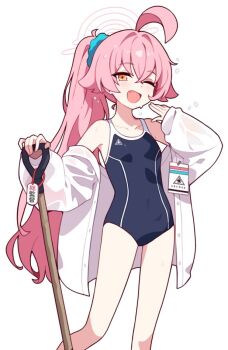 1girl ;d blue_archive blue_one-piece_swimsuit breasts halo holding holding_shovel hoshino_(blue_archive) hoshino_(swimsuit)_(blue_archive) ideolo long_hair looking_at_viewer one-piece_swimsuit one_eye_closed open_clothes open_mouth open_shirt pink_hair ponytail school_swimsuit shirt shovel simple_background small_breasts smile solo standing swimsuit thighs wet wet_hair white_background white_halo white_shirt yellow_eyes