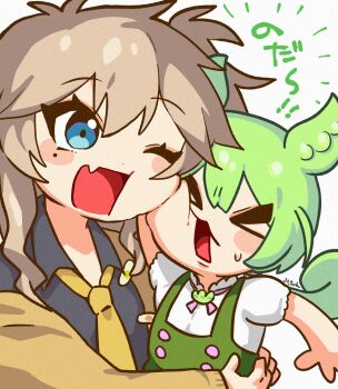 >_< :3 artist_name black_shirt blue_eyes blush_stickers brooch brown_hair cardigan cheek-to-cheek cheek_press commentary_request fang forced_hug furrowed_brow heads_together highres hug jewelry kasukabe_tsumugi long_hair long_sleeves looking_at_another low_ponytail micchan_(bonyu0430) mole mole_under_eye neck_ribbon necktie one_eye_closed one_side_up open_mouth pink_ribbon ponytail raised_eyebrows ribbon shirt short_sleeves simple_background skin_fang smile squirming sweatdrop upper_body voicevox white_shirt yellow_cardigan yellow_necktie zundamon