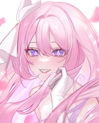 Rule 34 | 1girl, absurdres, artist name, commentary, diamond-shaped pupils, diamond (shape), elysia (herrscher of human:ego) (honkai impact), elysia (honkai impact), english commentary, gloves, hair between eyes, hair ornament, highres, holding, holding own hair, honkai (series), honkai impact 3rd, implied nudity, light blush, long hair, looking at viewer, pink hair, pink petals, portrait, purple eyes, ringeko-chan, smile, solo, symbol-shaped pupils, teeth, white background, white gloves