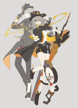 1boy 1girl absurdres back-to-back bare_legs baseball_bat black_boots black_gloves black_hat black_jacket black_pants black_skirt boots caelus_(honkai:_star_rail) clock clockie_(honkai:_star_rail) commentary_request dl_(dl_6ix) dual_persona eyelashes fingerless_gloves flat_color floating_clothes floating_hair gloves grey_background grey_hair hair_between_eyes half_gloves hand_on_headwear happy hat highres holding holding_baseball_bat holding_polearm holding_weapon honkai:_star_rail honkai_(series) hood hood_down hooded_coat jacket korean_commentary lance leg_up long_hair long_sleeves looking_at_viewer looking_back miniskirt multicolored_boots open_mouth orange_eyes orange_jacket orange_socks pants pencil_skirt polearm shirt short_hair simple_background skirt sleeve_cuffs smile socks stelle_(honkai:_star_rail) thigh_strap three-quarter_sleeves top_hat trailblazer_(honkai:_star_rail) two-sided_fabric two-sided_jacket two-tone_boots weapon white_boots white_shirt