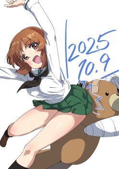 1girl black_neckerchief boko_(girls_und_panzer) breasts brown_eyes brown_hair buchikaki butt_bump commentary_request dated dress girls_und_panzer green_skirt highres medium_breasts neckerchief nishizumi_miho ooarai_school_uniform open_mouth pleated_dress sailor_collar sailor_shirt school_uniform serafuku shirt short_hair skirt smile solo stuffed_animal stuffed_toy teddy_bear white_sailor_collar white_shirt