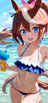Rule 34 | 1girl, absurdres, animal ears, bikini, blue bikini, blue eyes, blurry, blurry background, bow, breasts, cleavage, commentary, day, double-parted bangs, english commentary, floating hair, frilled bikini, frills, hair between eyes, hair bow, halterneck, high ponytail, highres, holding, holding water gun, horse ears, horse girl, horse tail, looking at viewer, maverick (mvk022), navel, ocean, open mouth, outdoors, pink bow, ponytail, side-tie bikini bottom, small breasts, solo, stomach, swimsuit, tail, teeth, tokai teio (umamusume), umamusume, upper teeth only, water gun, wet, white streaks