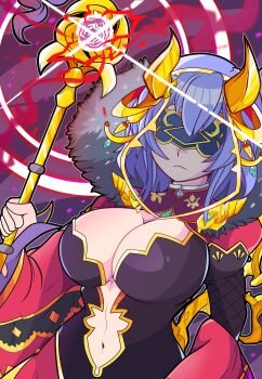 Rule 34 | 1girl, alternate weapon, bad id, bad pixiv id, breasts, closed mouth, grey hair, grimms notes, hand up, holding, holding staff, horns, huge breasts, navel, sick jude, solo, staff, weapon, witch yurisha (grimms notes)
