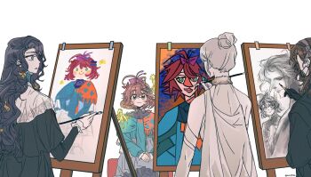 Rule 34 | 4girls, abstract, ahoge, bare shoulders, black cape, black coat, black gloves, black hair, blue bow, blue dress, blue eyes, blue pants, bow, brown hair, cape, caroline bartley, coat, creature, detached sleeves, dress, easel, facing away, fairy, flutterpage, gloves, grey hair, hair bow, hair bun, highres, holding, holding paintbrush, holding pencil, kim 8thhh, long hair, looking to the side, modeling, multiple girls, multiple hair bows, paintbrush, painting (action), pants, pants under dress, paper, pencil, pink bow, profile, red bow, reverse:1999, short hair, sitting, tooth fairy (reverse:1999), upper body, white background, white cape, willow (reverse:1999)