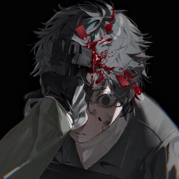 2boys aiming akechi_gorou amamiya_ren black_background black_eyes black_gloves black_hair black_jacket blood blood_on_face blood_splatter dirty dirty_face facing_to_the_side gloves grey_jacket gun_to_head highres implied_murder injury jacket kiyoshi_st leaning_on_table looking_at_another male_focus multiple_boys persona persona_5 shirt table white_shirt wide-eyed