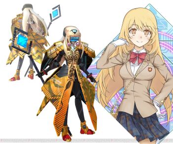 1girl 3d angelan assault_visor bag blazer blonde_hair boots bow bowtie breasts brown_jacket chain character_name closed_mouth collared_shirt commentary cowboy_shot crossover dengeki_online emblem full_body gloves gold_chain grey_skirt haimura_kiyotaka hand_up handbag holding holding_staff humanoid_robot jacket joints large_breasts layered_sleeves light_blush long_hair long_sleeves looking_at_viewer mecha mecha_focus miniskirt mixed-language_commentary multiple_views official_art orange_eyes plaid_clothes plaid_skirt pleated_skirt red_bow red_bowtie robot robot_girl robot_joints school_emblem school_uniform science_fiction shirt shokuhou_misaki skirt smile sparkle staff star-shaped_pupils star_(symbol) symbol-shaped_pupils toaru_majutsu_no_index toaru_majutsu_no_virtual-on tokiwadai_school_uniform virtual_on white_background white_gloves white_shirt winter_uniform yellow_pupils