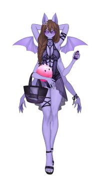 1girl absurdres animal_ears arthropod_girl bag bat_ears braid brown_hair carol_(lilum) colored_sclera colored_skin dante_will dante_will_(spider) dante_will_(summer_2024) extra_arms extra_eyes fingernails heart heart-shaped_eyewear highres holding holding_sunscreen insect_girl monster_girl neobaka ohwasuy purple_skin sandals sharp_fingernails sharp_toenails shirohomu smile spider_girl swimsuit tinted_eyewear toenails transparent_background wings