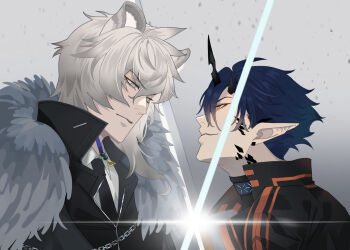 Rule 34 | 2boys, animal ears, ark1478, arknights, bishounen, black jacket, black necktie, blue eyes, blue hair, commentary request, demon boy, demon horns, eye contact, flamebringer (arknights), fur trim, grey eyes, grey hair, highres, horns, infection monitor (arknights), jacket, looking at another, male focus, material growth, multiple boys, necktie, orange eyes, oripathy lesion (arknights), pointy ears, short hair, silverash (arknights), smile, snow leopard boy, snow leopard ears, sword, upper body, weapon, white hair