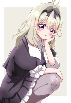 Rule 34 | 1girl, :o, antenna hair, black dress, black ribbon, commentary, dress, frilled dress, frills, from side, grey background, grey hair, grey pantyhose, hair intakes, hair ribbon, hand on own face, hand on own knee, highres, jewelry, kyouka jun, long hair, looking at viewer, medium dress, medium hair, meitantei precure!, moria luluka, necklace, open mouth, pantyhose, precure, purple eyes, ribbon, short sleeves, solo, squatting, textless version