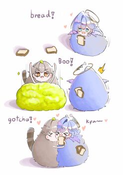 Rule 34 | !, 1boy, 1girl, ^^^, bird girl, bread, bread slice, caelus (honkai: star rail), feathered wings, food, grey hair, halo, head wings, heart, highres, honkai: star rail, honkai (series), obgbegom, raccoon boy, raccoon tail, robin (honkai: star rail), tail, trailblazer (honkai: star rail), wings