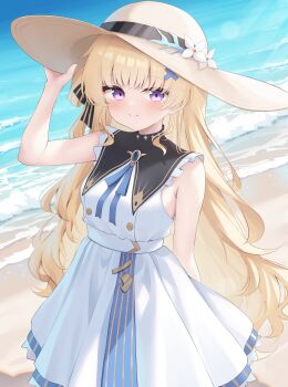 1girl absurdres adapted_costume alternate_costume bare_shoulders black_collar blonde_hair blush breasts brown_hat closed_mouth collar commentary dress hair_ornament hand_on_own_hat hat highres kianata long_hair medium_breasts outdoors phoebe_(wuthering_waves) shore sleeveless sleeveless_dress smile solo very_long_hair white_dress wuthering_waves x_hair_ornament