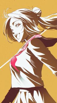 Rule 34 | 1girl, absurdres, bleach, blush, breasts, from side, hair bun, hashtag-only commentary, high ponytail, highres, inoue orihime, large breasts, long hair, long sleeves, looking at viewer, n (nauki 11), neckerchief, open mouth, pink neckerchief, pleated skirt, ponytail, sailor collar, school uniform, serafuku, skirt, solo, teeth, upper body, upper teeth only, yellow background