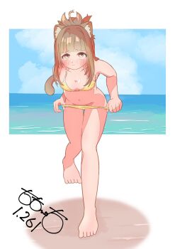 1girl :/ animal_ears artist_name bare_shoulders barefoot beach bikini bikini_pull blunt_bangs blush border breasts brown_hair cat_ears cat_girl cat_tail cleavage clothes_pull cloud cloudy_sky collarbone day embarrassed highres leaning_forward leg_up long_hair looking_at_viewer medium_breasts navel nose_blush ocean original outdoors outside_border pulling_own_clothes red_eyes signature sky solo swimsuit tail totomoto white_border yellow_bikini