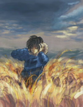 00s aoi_(gits) cloud evening field ghost_in_the_shell ghost_in_the_shell:_stand_alone_complex inoco_(rodom) laughing_man_(gits) outdoors solo