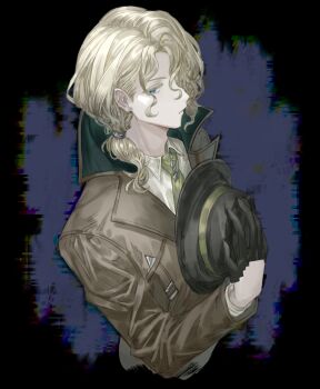 1boy 6_(reverse:1999) 6_(time_and_location)_(reverse:1999) black_background black_hat blonde_hair blue_eyes brown_coat coat collared_shirt from_side green_necktie hand_up hat hat_on_chest highres holding holding_unworn_clothes holding_unworn_hat looking_at_viewer low_ponytail male_focus medium_hair mmihpyy necktie official_alternate_costume ponytail profile reverse:1999 shirt solo trench_coat unworn_hat unworn_headwear upper_body white_shirt