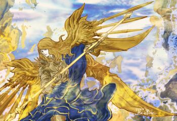 1boy armor bishounen blonde_hair commentary copyright_name english_commentary final_fantasy final_fantasy_xiv gold_armor golden_wings grey_eyes holding holding_polearm holding_weapon innocence_(final_fantasy) long_hair male_focus mechanical_wings polearm ruka_(blueplus84) solo spear twitter_username weapon wings