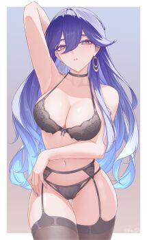 1girl absurdres arm_up arshy_sch black_bra black_choker black_garter_belt black_panties black_thighhighs blue_background blue_hair blue_nails border bow bow_bra bra breasts choker collarbone commentary earrings fingernails garter_belt gradient_background gradient_hair groin hair_between_eyes highres jewelry large_breasts lingerie long_fingernails looking_at_viewer lucilla_(wuthering_waves) mole mole_under_eye multicolored_hair nail_polish navel orange_background panties parted_lips purple_eyes purple_hair signature solo stomach thigh_gap thighhighs thighs underwear underwear_only white_border wuthering_waves