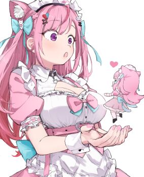 1girl animal_ears bandaid bandaid_hair_ornament cat_ears collar dress hair_ornament hair_ribbon hairclip heart heart_hair_ornament highres hitsujisnow indie_virtual_youtuber long_hair maid maid_headdress mini_person minigirl nail_polish open_mouth pink_dress pink_eyes pink_hair ribbon virtual_youtuber yuuki_sakuna yuuki_sakuna_(1st_costume)