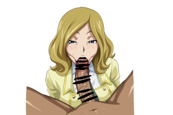 1boy 1girl blonde_hair blue_eyes breasts censored code_geass dark-skinned_male dark_skin hetero highres iwao178 large_breasts milly_ashford oral penis short_hair