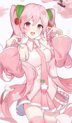 Rule 34 | 1girl, :d, absurdres, ame miya ta, cherry, cherry blossoms, cherry hair ornament, commentary, detached sleeves, double v, floral print, food, food-themed hair ornament, fruit, hair ornament, hatsune miku, highres, looking at viewer, necktie, open mouth, pink background, pink eyes, pink hair, pink necktie, pink skirt, pink sleeves, pink thighhighs, print hair, sakura miku, shirt, skirt, sleeveless, sleeveless shirt, smile, solo, thighhighs, v, vocaloid