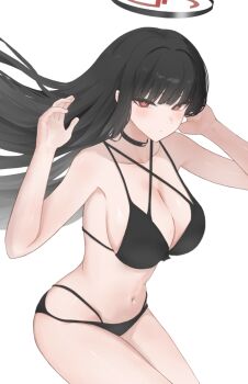 1girl bikini black_bikini black_hair blue_archive breasts choker commentary_request froha11037 halo highres large_breasts long_hair looking_at_viewer medium_hair navel red_eyes ringed_eyes rio_(blue_archive) simple_background solo swimsuit white_background