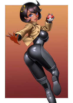 1girl :3 :d absurdres aged_up arm_up ass black_bodysuit black_boots black_gloves black_hair blue_eyes bodysuit bodysuit_under_clothes boots border breasts brown_jacket commentary cowlick dark-skinned_female dark_skin emma_(pokemon) gloves hair_between_eyes hair_ornament highres holding holding_poke_ball jacket knee_boots latex latex_bodysuit long_sleeves looking_at_viewer medium_breasts nintendo open_clothes open_jacket open_mouth orange_background orange_gloves poke_ball poke_ball_(basic) pokemon pokemon_legends:_z-a short_hair sidelocks skin_tight smile solo standing standing_on_one_leg swept_bangs two-tone_gloves white_border yossan_illust