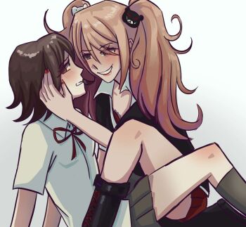 2girls bear_hair_ornament black_boots black_bra black_hair black_shirt black_skirt black_socks blonde_hair blush boots bow bra knee_boots kneehighs caressing_hair danganronpa:_trigger_happy_havoc danganronpa_(series) enoshima_junko female_focus fingernails frenzykek grey_eyes grimace grin hair_ornament highres ikusaba_mukuro incest long_hair looking_at_another looking_at_viewer looking_to_the_side multicolored_bra multiple_girls nail_polish neck_ribbon open_mouth pleated_skirt red_bow red_bra red_nails red_ribbon red_skirt ribbon shirt siblings simple_background sisters skirt smile socks teeth twincest twins twintails underwear white_background white_shirt yuri