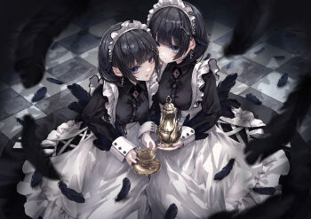 2girls black_feathers black_hair blue_eyes cup feathers frilled_hairband frills hairband highres holding holding_cup holding_teapot long_sleeves looking_at_viewer maid medium_hair missile228 multiple_girls on_floor original smile teapot tile_floor tiles white_hairband