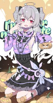 Rule 34 | > <, 1girl, absurdres, black leg warmers, black skirt, breasts, chinese commentary, commentary request, doll joints, drill hair, grey hair, halloween bucket, highres, honkai (series), honkai impact 3rd, jirai kei, joints, kneeling, leg warmers, licking lips, long hair, looking at viewer, mask, mouth mask, official alternate costume, prometheus (honkai impact), prometheus (saccharine lash-out) (honkai impact), purple shirt, qiuqiuku, red eyes, robot girl, shirt, skirt, small breasts, solo, tongue, tongue out, twin drills