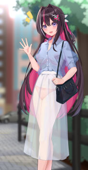 1girl :d absurdres asymmetrical_sidelocks azki_(hololive) bag black_hair blue_shirt blurry blurry_background braid collared_shirt colored_inner_hair commentary_request condom_box day double-parted_bangs hair_intakes hair_ornament hairclip half_up_half_down_braid handbag highres hololive long_skirt looking_at_viewer mole mole_under_eye multicolored_hair nipples no_bra open_mouth orange_panties outdoors panties pink_hair pink_streaks purple_eyes see-through_clothes see-through_shirt see-through_skirt sex_toy shara_(syara_so_ju) shirt shirt_partially_tucked_in short_sleeves sidelocks skirt smile solo underwear virtual_youtuber waving white_skirt white_streaks x-ray_vision