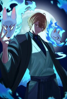Rule 34 | 1boy, absurdres, ahoge, blue fire, closed mouth, commentary request, fire, floating mask, fox mask, full moon, highres, japanese clothes, kagami hayato, looking at viewer, magurosamm, male focus, mask, moon, moon behind head, nijisanji, solo, virtual youtuber