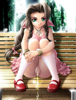 Rule 34 | 1990s (style), 1girl, aerith gainsborough, bench, boots, bow, brown hair, censored, cleft of venus, clothes lift, day, dress, dress lift, female focus, final fantasy, final fantasy vii, green eyes, jewelry, kneehighs, long hair, mary janes, mosaic censoring, necklace, no panties, onoe, outdoors, park, pee, peeing, pink bow, pink dress, public indecency, puddle, retro artstyle, shoes, sitting, skirt, skirt lift, smile, socks, solo, square enix, tree