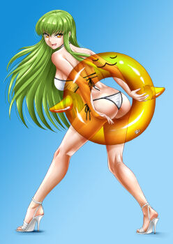 1girl :d albyee ass back bikini blue_background breasts c.c. cheese-kun code_geass from_behind green_hair high_heels holding holding_swim_ring innertube legs_apart long_hair looking_at_viewer looking_back medium_breasts open_mouth smile solo standing swim_ring swimsuit thighs very_long_hair white_bikini yellow_eyes