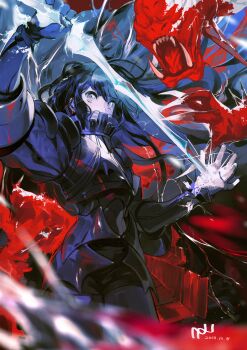 1girl absurdres arm_up armor black_hair blood blurry breastplate claws dated demon earrings glowing glowing_sword glowing_weapon grey_eyes highres holding holding_sword holding_weapon jewelry long_hair magic monster naji_yanagida open_mouth original sharp_teeth signature summoning sword teeth weapon