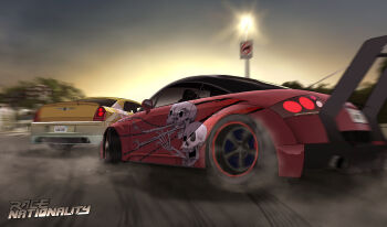 absurdres amoemo audi audi_tt building car chrysler chrysler_300 commentary decal drifting dusk english_commentary exhaust_pipe highres lamppost license_plate logo middle_finger motion_blur motor_vehicle no_humans no_trucks_sign original product_placement racing red_car road road_sign sign skid_mark smoke spoiler_(automobile) tree yellow_car